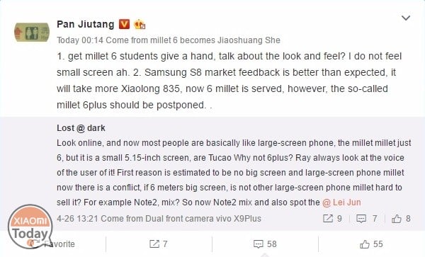 Xiaomi Mi 6 Plus cancellato