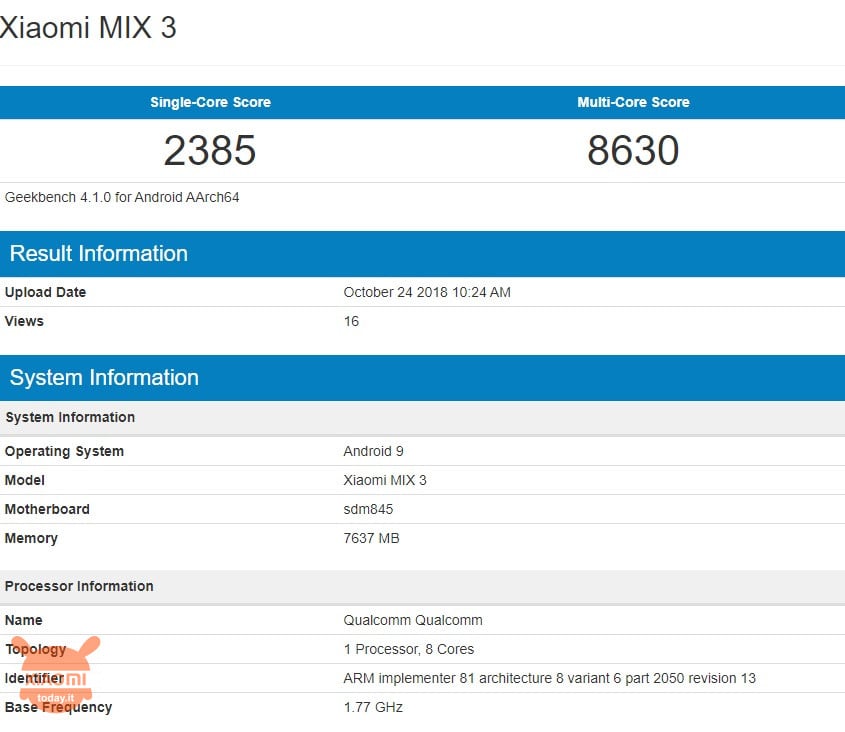 Xiaomi Mi MIX 3 geekbench