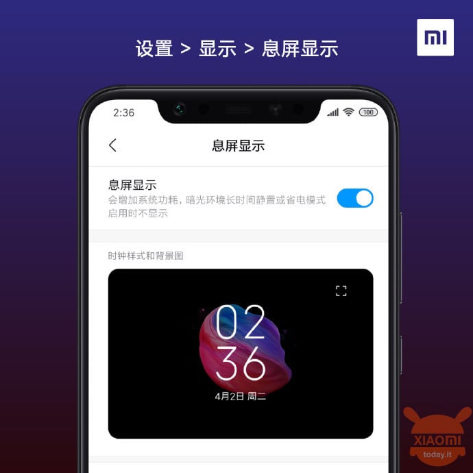 Xiaomi Mi 8 Selalu-Di-warna tampilan