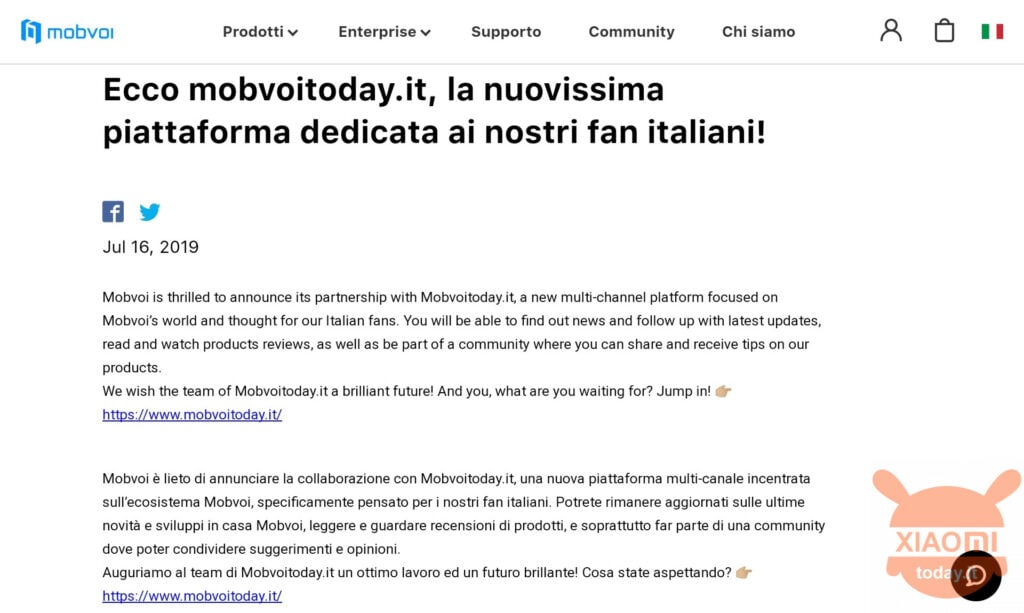 مقالة MOBVOI الرسمية حول الشراكة مع Mobvoitoday.it