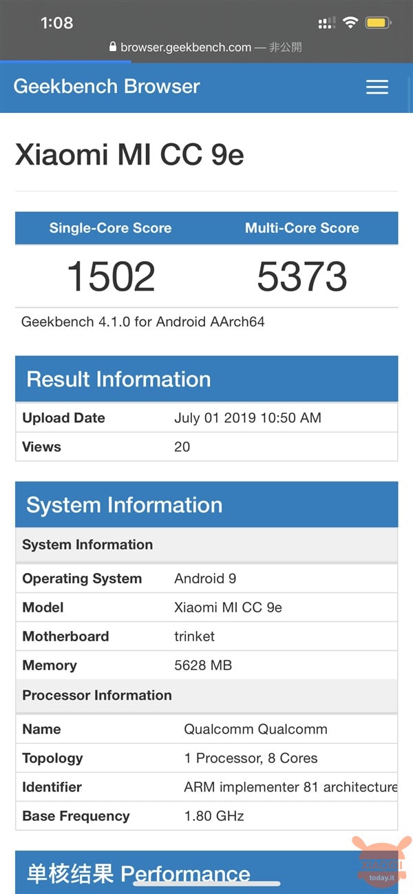 Xiaomi CC9e geekbench benchmark