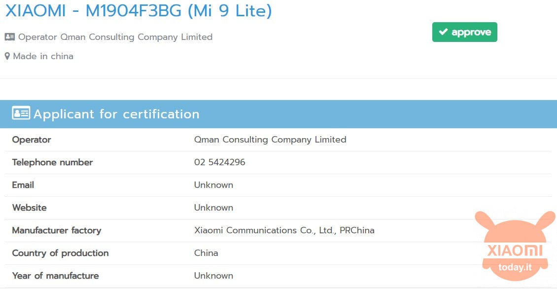 Xiaomi Mi 9 Lite certificato ufficialmente in Asia