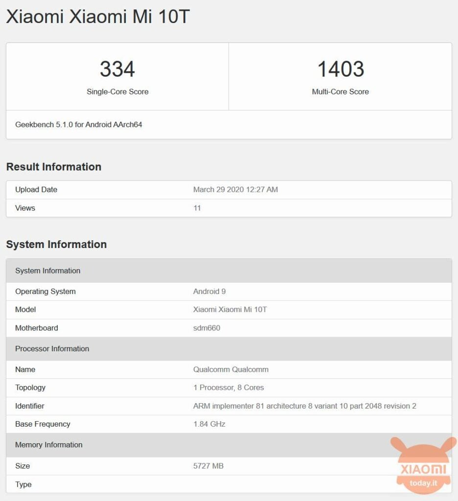 xiaomi mi 10 t geekbench 