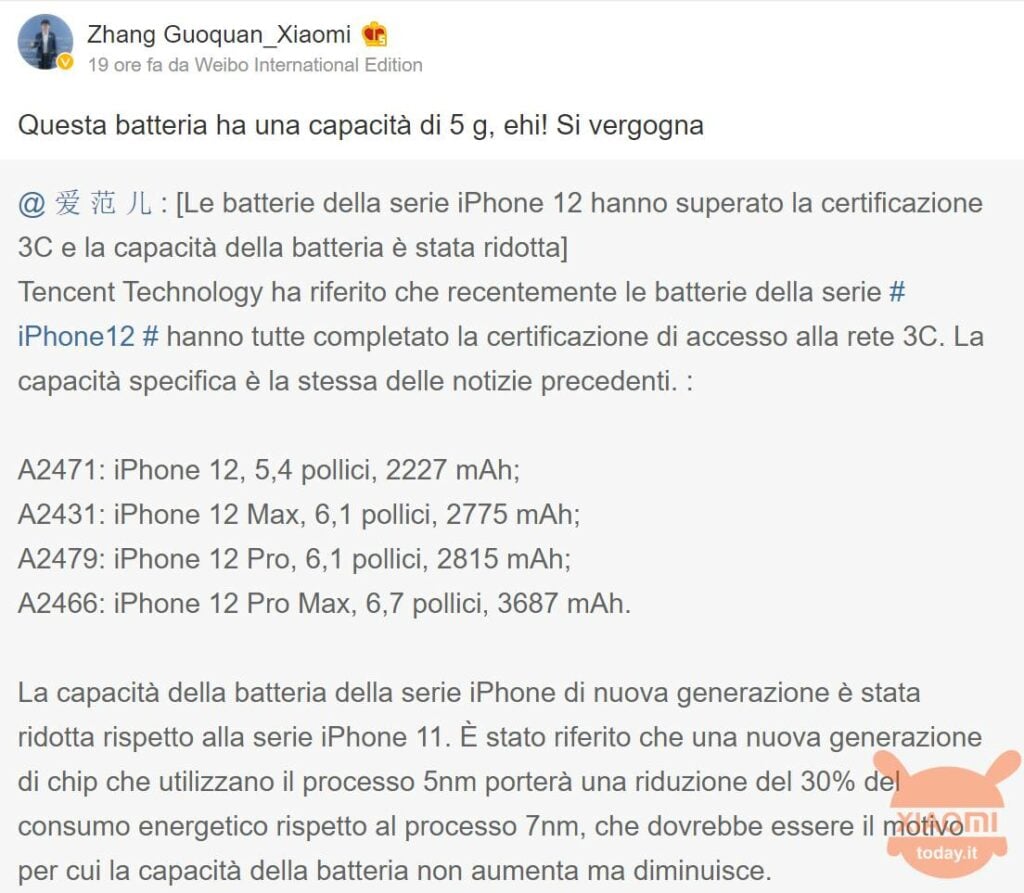 xiaomi critica batteria di iphone 12