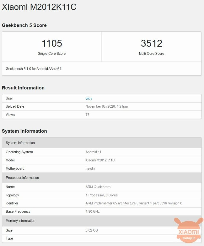 xiaomi con snapdragon 875 appare su geekbench con nome in codice M2012K11C