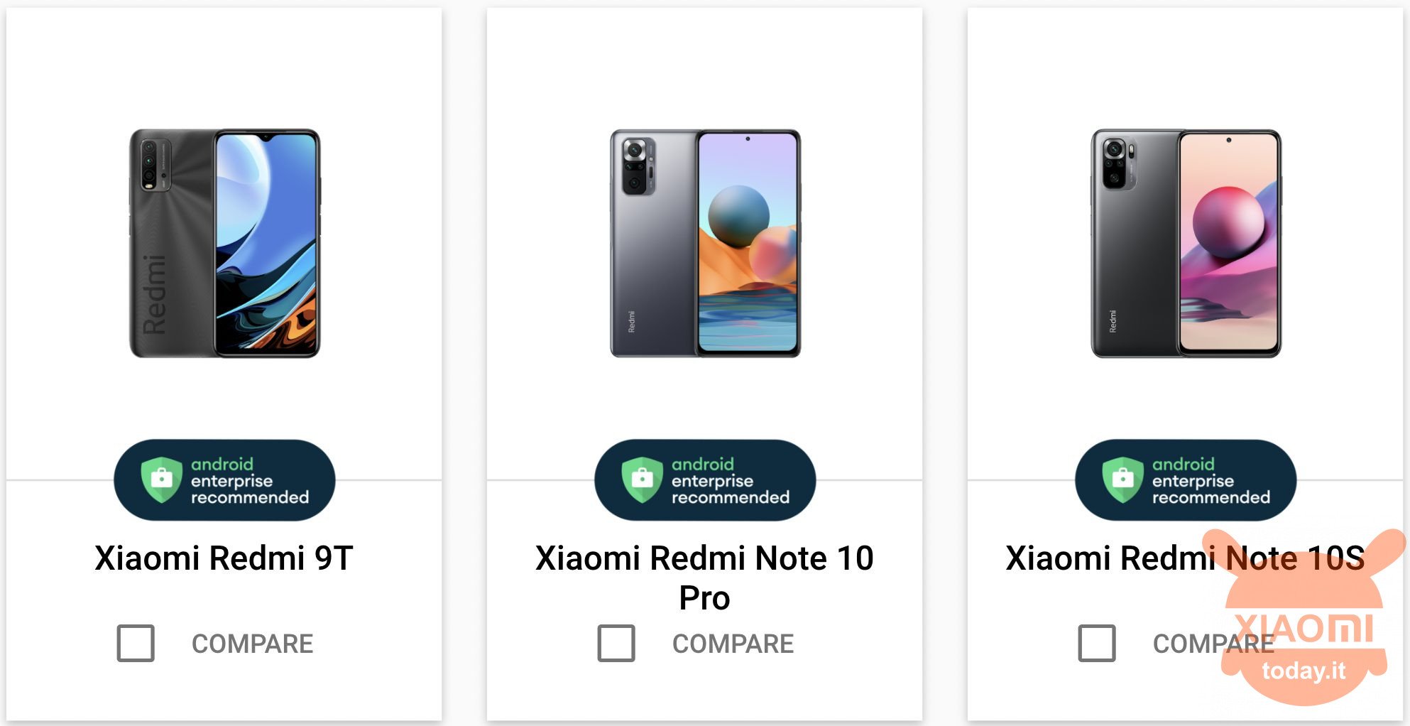 redmi note 10 pro, note 10s e redmi 9t certificati android enterprise