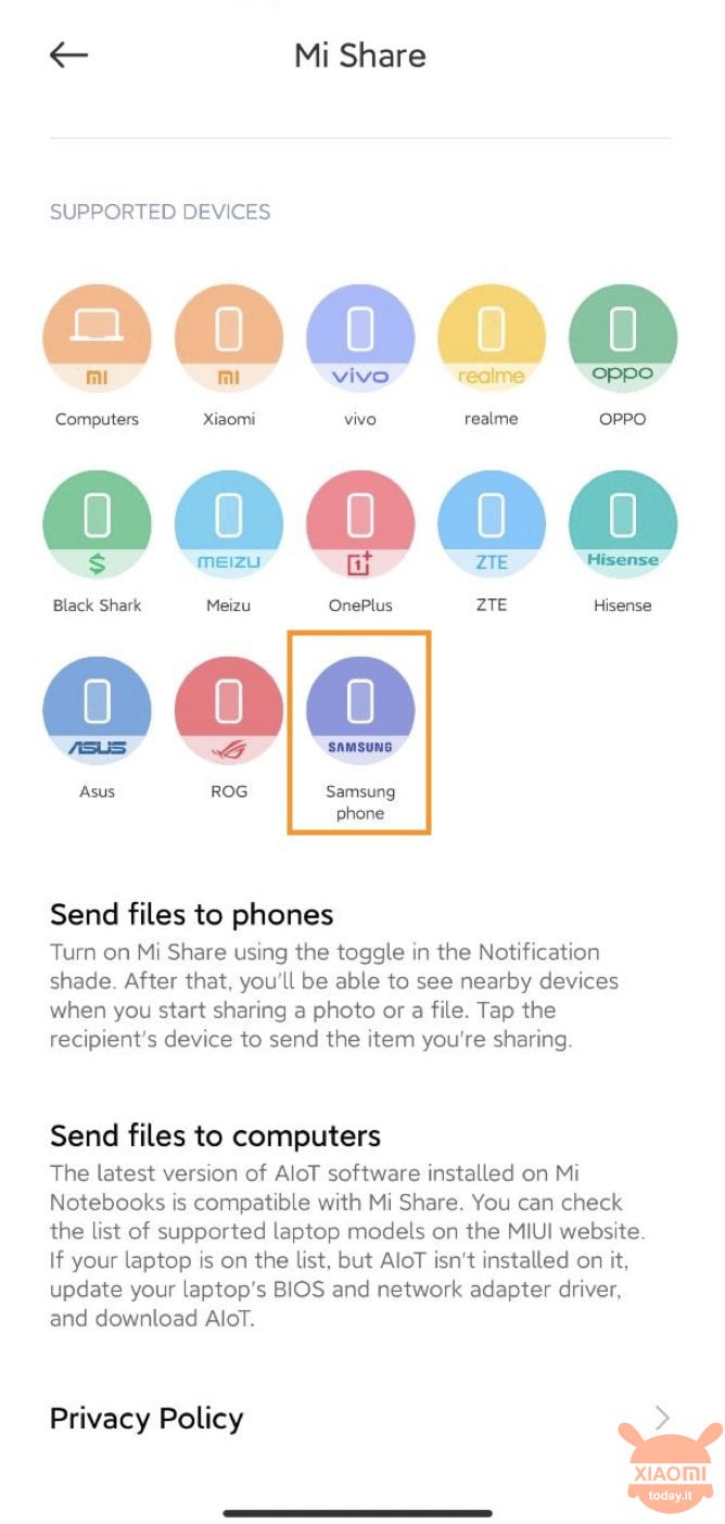 xiaomi aggiunge samsung a mi share