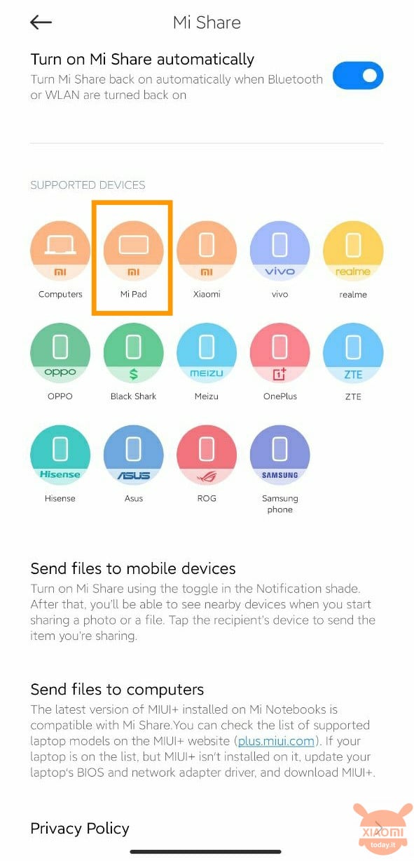 xiaomi mi pad ricevono il supporto al trasferimento dati mi share