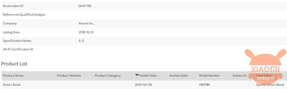 redmi band 2 certificazione bluetooth sig