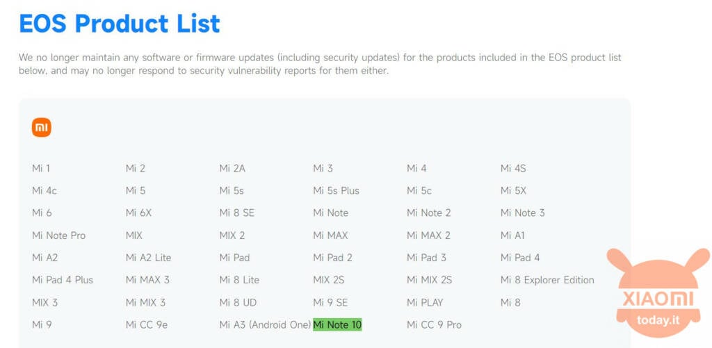 xiaomi mi note 10 non riceverà più aggiornamenti