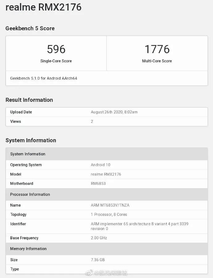 Realme X7 GeekBench MediaTek Dimensity 800U