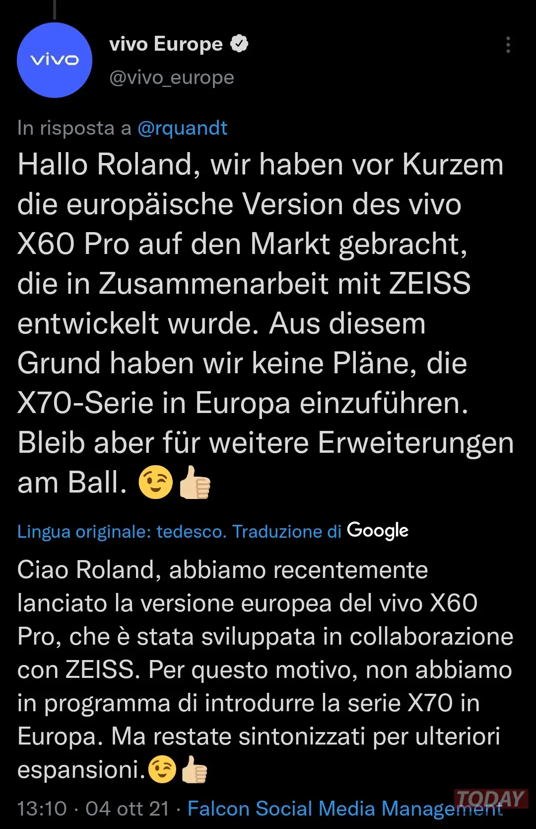 vivo x70 non uscirà in europa