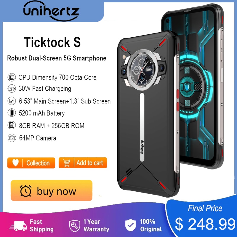 Prima mondiale Unihertz Ticktock S Rugged 5G Smartphone 8GB 256GB cellulare 5200mAh cellulare 64MP fotocamera 30W Dimensity 700