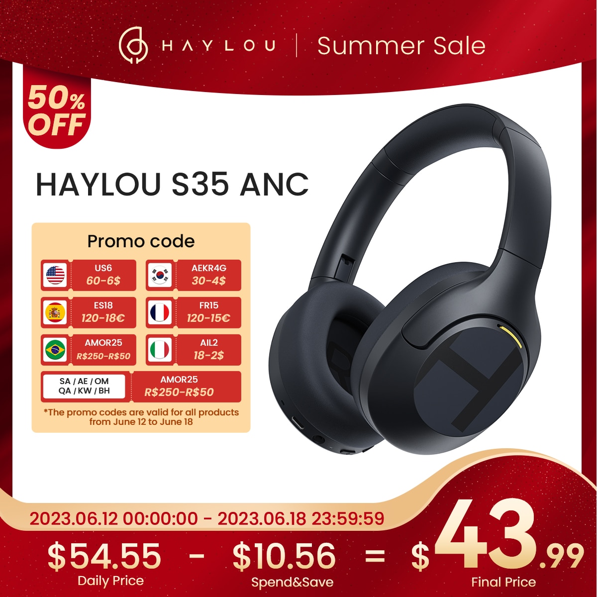 HAYLOU S35 ANC cuffie Bluetooth 5.2 Wireless 42dB cuffie con cancellazione del rumore Over-ear 40mm Driver 60H auricolari Playtime