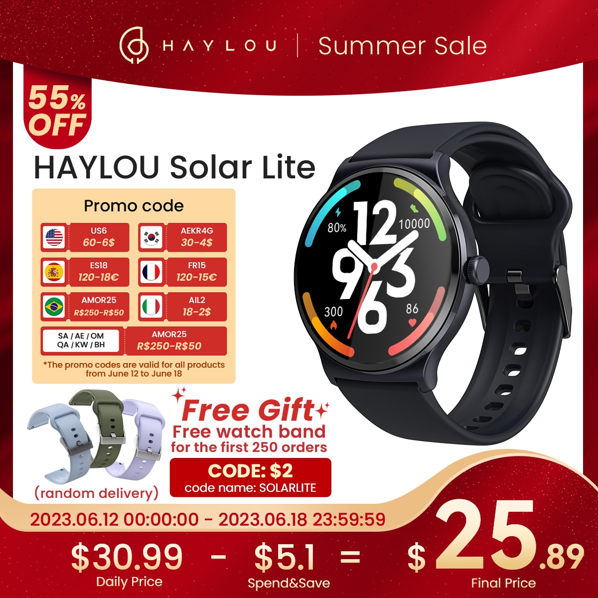Haylou Solar Lite Smart Watch 1.38 "Display Bluetooth 5.3 100 + Watch Faces SpO2 cardiofrequenzimetro 20 giorni Endurance Smartwatch