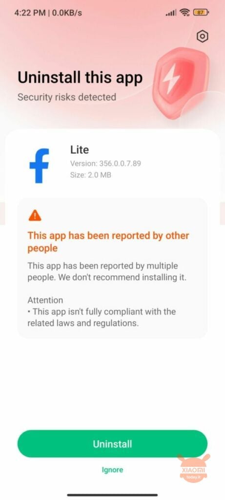 miui segnala facebook come app dannosa