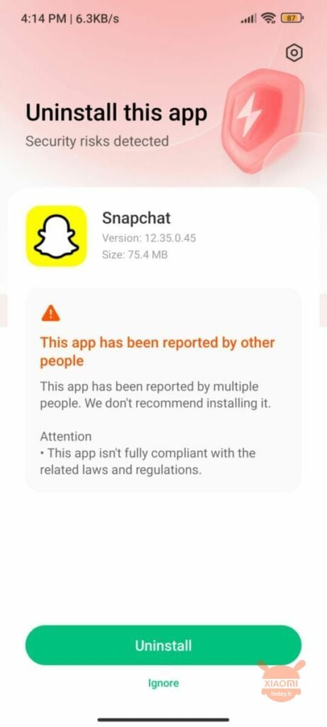 miui segnala snapchat come app dannosa