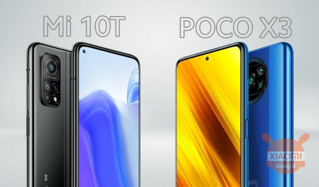 due smartphone Xiaomi: a sinistra il Mi 10T con un design nero lucido, una tripla fotocamera posteriore verticale con l'etichetta '64MP CAMERA' e un display che mostra un'onda blu; a destra il POCO X3 in blu, con una doppia fotocamera posteriore circolare e un display che mostra un design giallo con effetto radiale