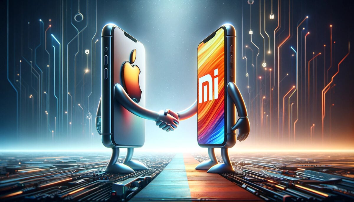 Symbolisch panoramisch beeld dat het einde van de rivaliteit tussen Apple- en Xiaomi-producten vertegenwoordigt. Twee antropomorfe smartphones, één voor Apple met een minimalistisch design en Apple-logo, en de andere voor Xiaomi met een modern design en Mi-logo, schudden elkaar de hand als teken van vriendschap en verzoening.