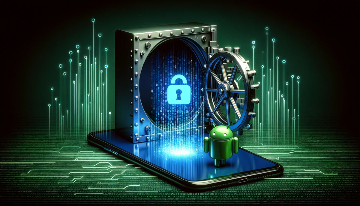 Ponsel pintar dengan pintu brankas terbuka menampilkan ikon iMessage dan Android, melambangkan pelanggaran keamanan digital