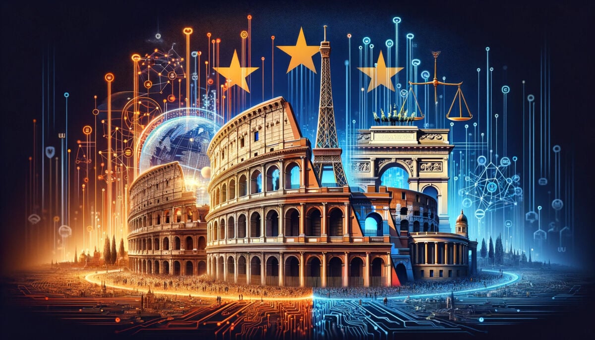 Futuristiese oorsig met Colosseum, Eiffeltoring en Brandenburghek, KI-simbole en EU-vlag vir KI-regulering in Europa.
