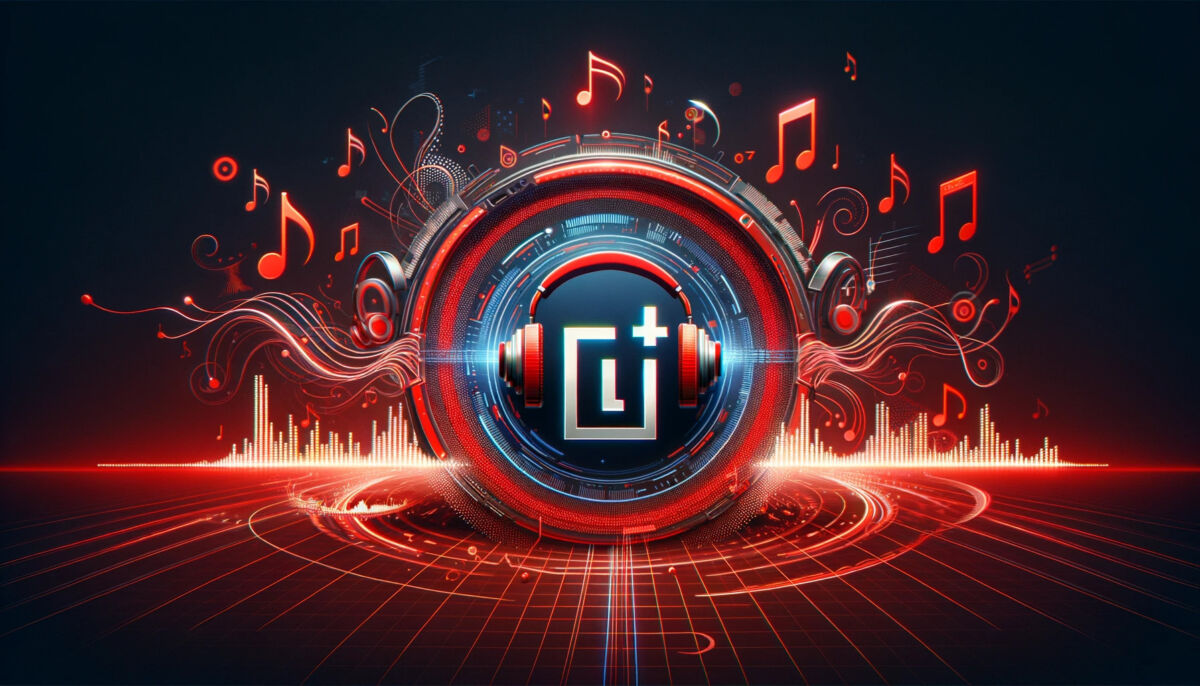 Logotipo de oneplus dentro de un círculo rodeado de notas musicales e instrumentos musicales.
