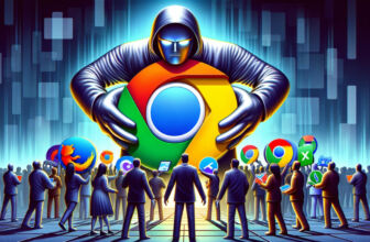 Google presiona a los usuarios para que adopten Chrome, en la foto se ve a varios usuarios de Internet resistiéndose a una figura dominante de Google que empuja el logotipo de Chrome.