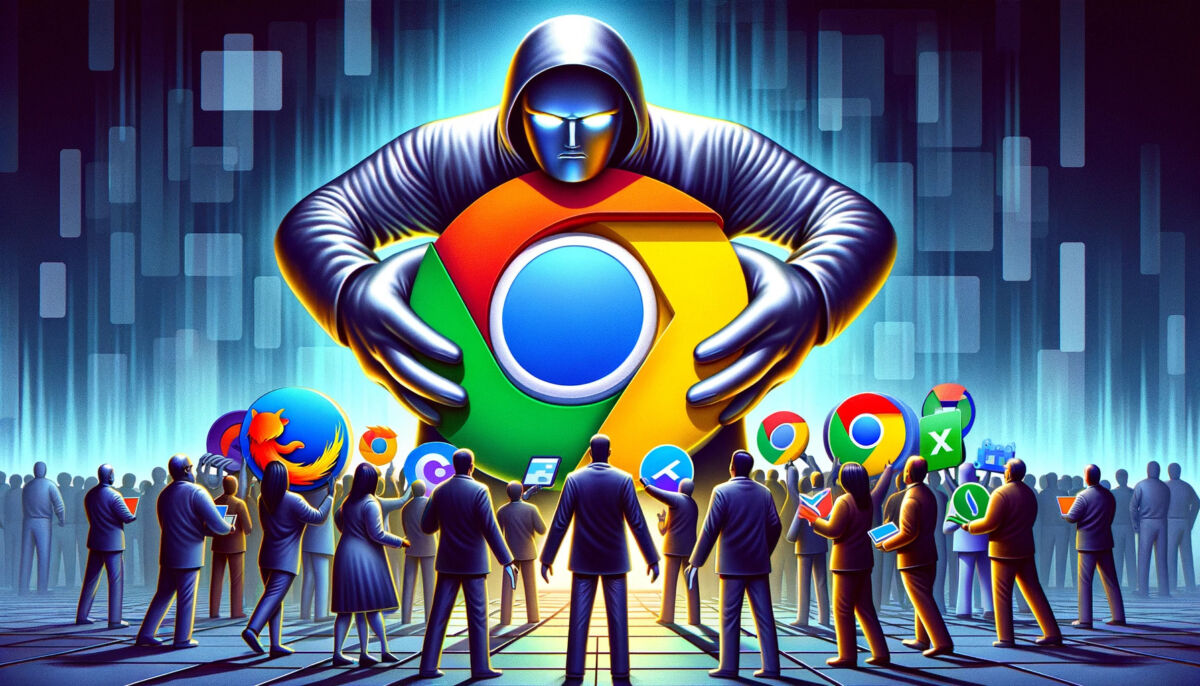 Google fa pressione sugli utenti affinché adottino Chrome, raffigurato con diversi utenti di Internet che resistono a una figura dominante di Google che spinge il logo Chrome.