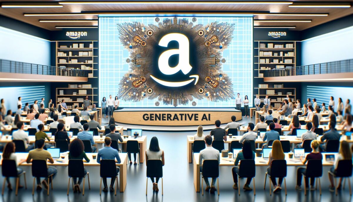 Amazon AI Ready enseña IA generativa a personas que miran una pantalla como en una conferencia universitaria