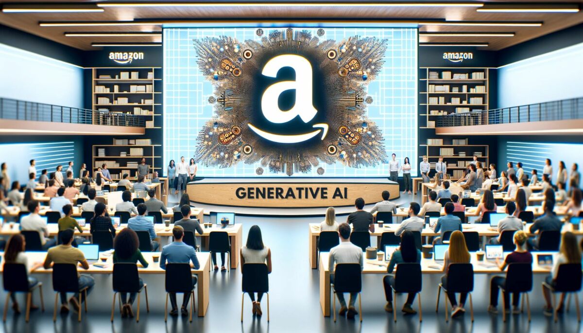 Amazon AI Ready 向人们教授生成式人工智能，就像在大学讲座中一样看着屏幕