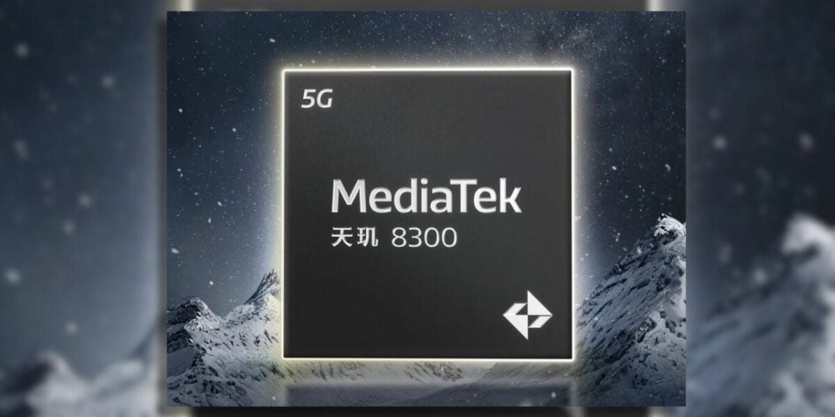 Mediatek Dimensity 8300 Prozessor auf grauem Hintergrund