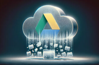 Ilustración de archivos y carpetas que desaparecen, lo que simboliza la pérdida de datos en Google Drive, con el logotipo degradado en el fondo