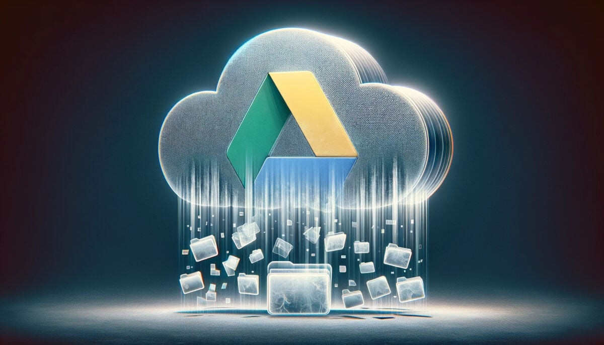 Illustration de fichiers et de dossiers en train de disparaître, symbolisant la perte de données sur Google Drive, avec un logo dégradé en arrière-plan
