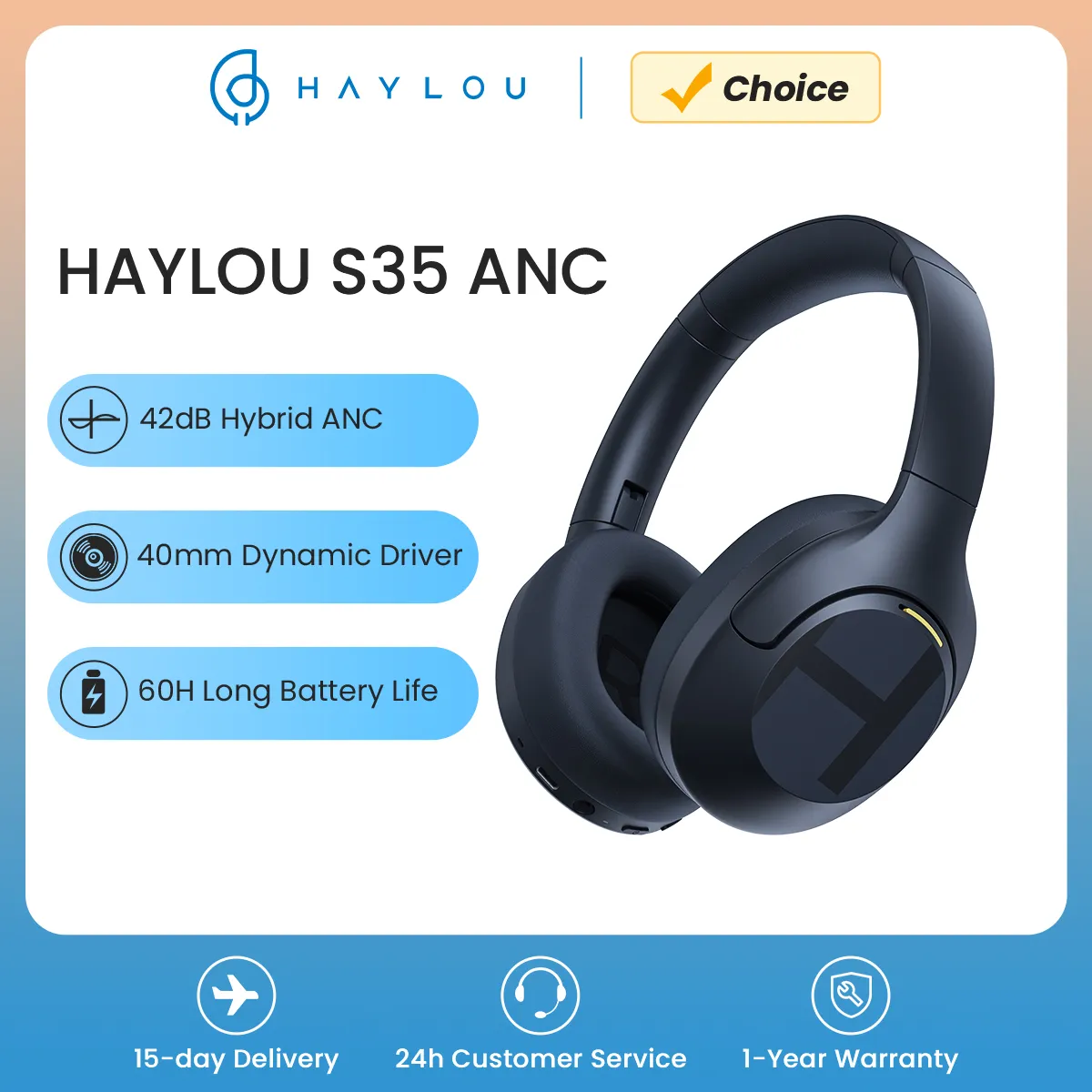 HAYLOU S35 ANC cuffie Wireless Over-ear 42dB ANC cuffie Bluetooth 5.2 40mm Driver dinamico 60 ore di durata della batteria auricolari