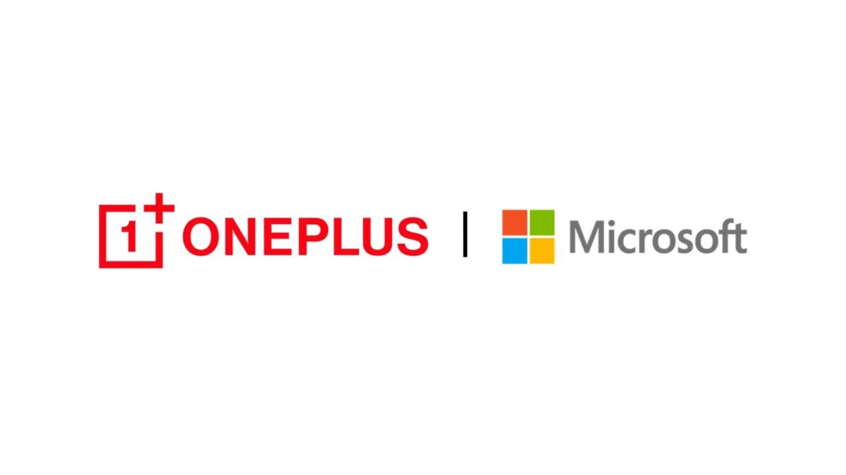 oneplus en microsoft-logo op witte achtergrond
