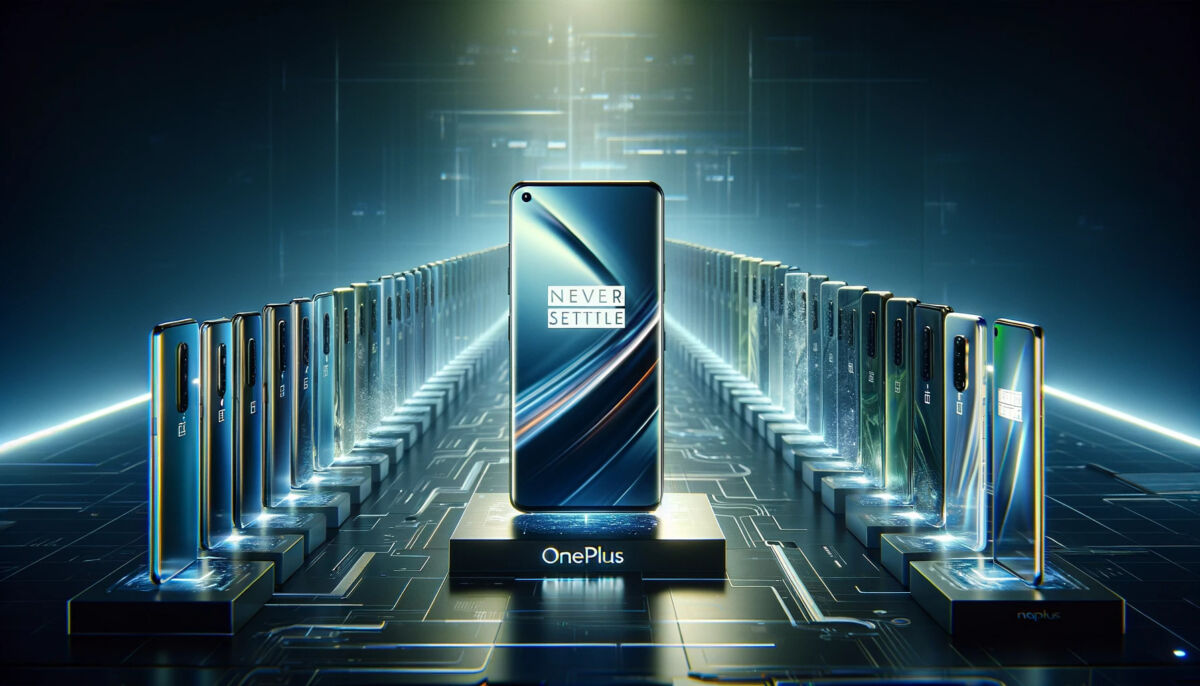"Panoramaafbeelding met een moderne OnePlus-smartphone in het midden, die het nieuwe uniforme model symboliseert, met een vage lijn van eerdere 'Pro'-modellen