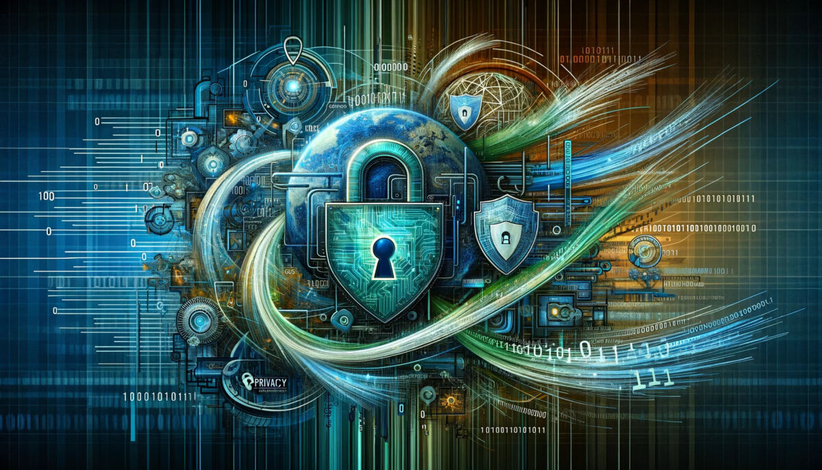Концептуальное представление защиты онлайн-данных с помощью цифрового замка и щита конфиденциальности на фоне двоичного кода