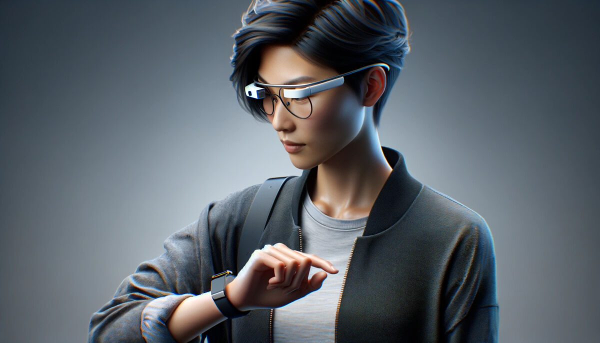 Protótipo do Google Glass 3 com uma pessoa usando óculos e olhando para seu smartwatch