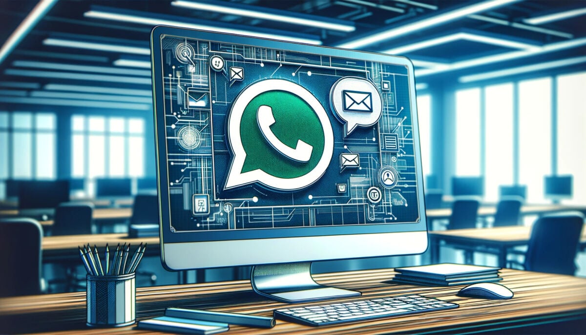 Ilustrație digitală panoramică a unui desktop cu ecran care arată sigla WhatsApp și o pictogramă de mesaj, într-un loc de muncă modern, tehnologic, simbolizând funcția mesajelor efemere