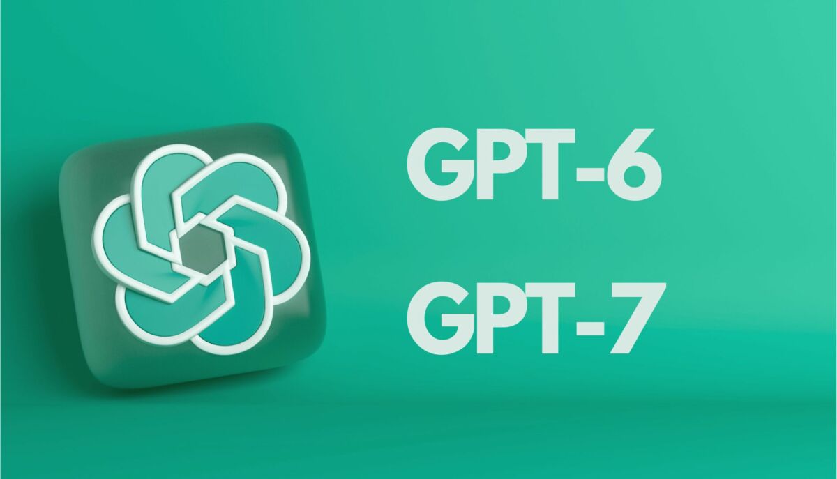 Logo Openai với dòng chữ gpt-6 và gpt-7 trên nền xanh mòng két