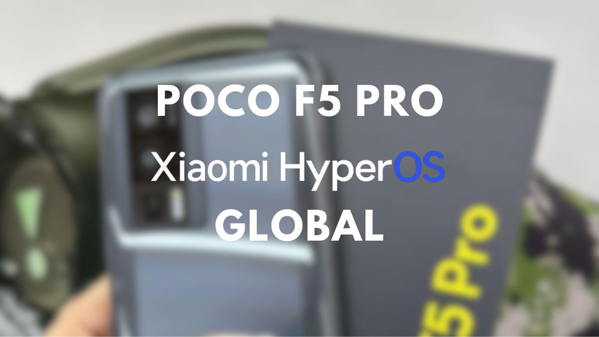 poco f5 pro i bakgrunnen med hyperos global skrevet