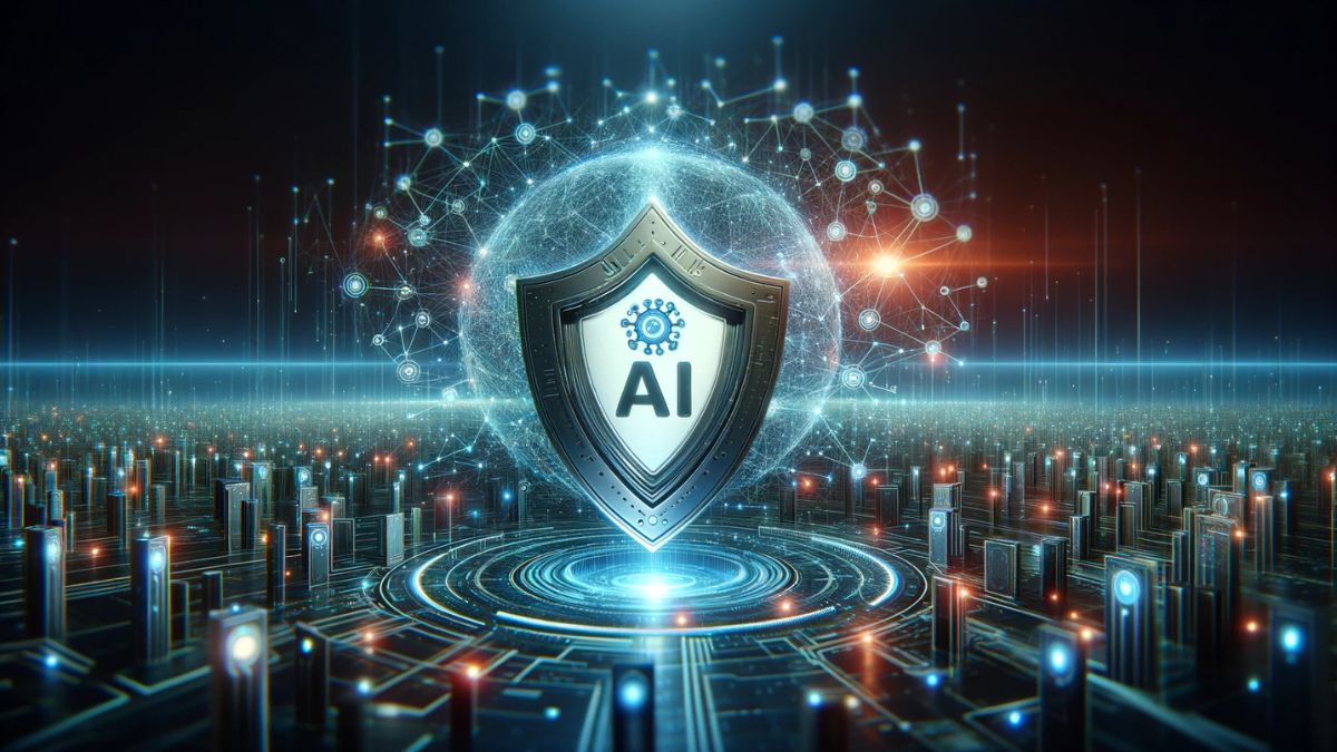 Ilustrasi futuristik yang menunjukkan perisai bergaya dengan simbol AI, melambangkan layanan keamanan online gratis terhadap penipuan, dengan latar belakang koneksi digital