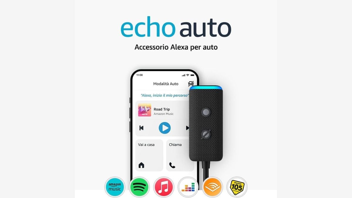 Dispositiu Amazon Echo Auto vist des del davant amb un telèfon intel·ligent connectat
