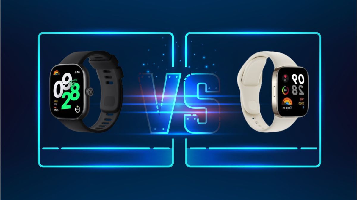 blauwe vergelijkingsinfographic met blauwe achtergrond tussen Redmi Watch 4 en Redmi Watch 3