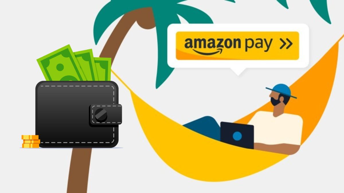 吊床上的程式化男人在亚马逊购物并支付现金