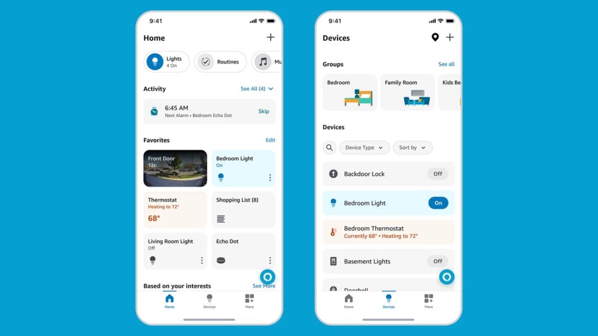 den nya designen av alexa-appen på en ljusblå bakgrund