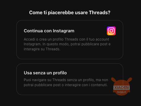 schermata di iscrizione o accesso a threads in italia