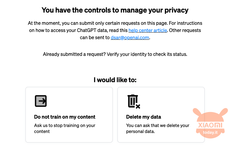 finestra che mostra come richiedere cancellazione dati personali su chatgpt o come fare in modo di non addestrare modello con i propri dati