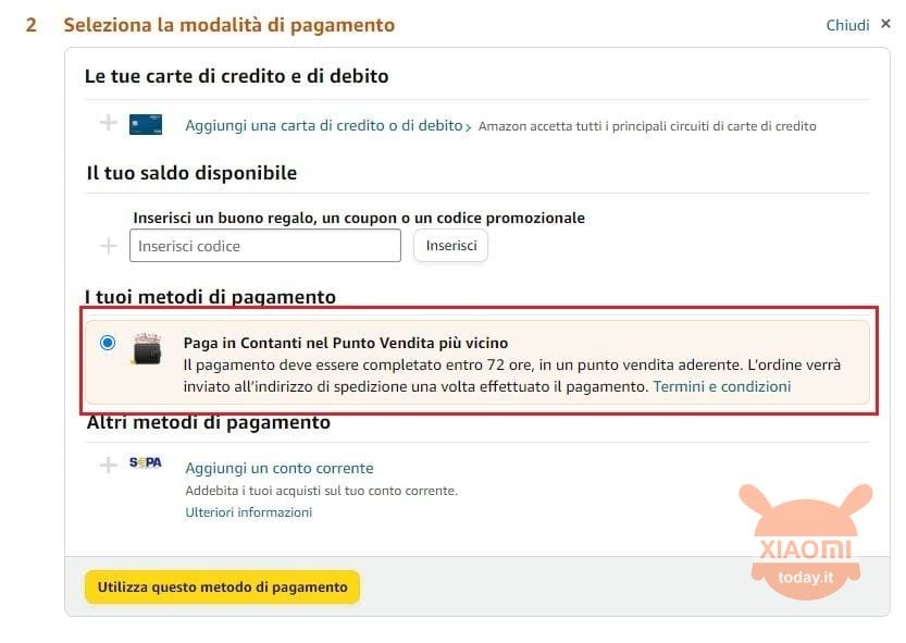 schermata dove scegliere il pagamento in contanti su amazon