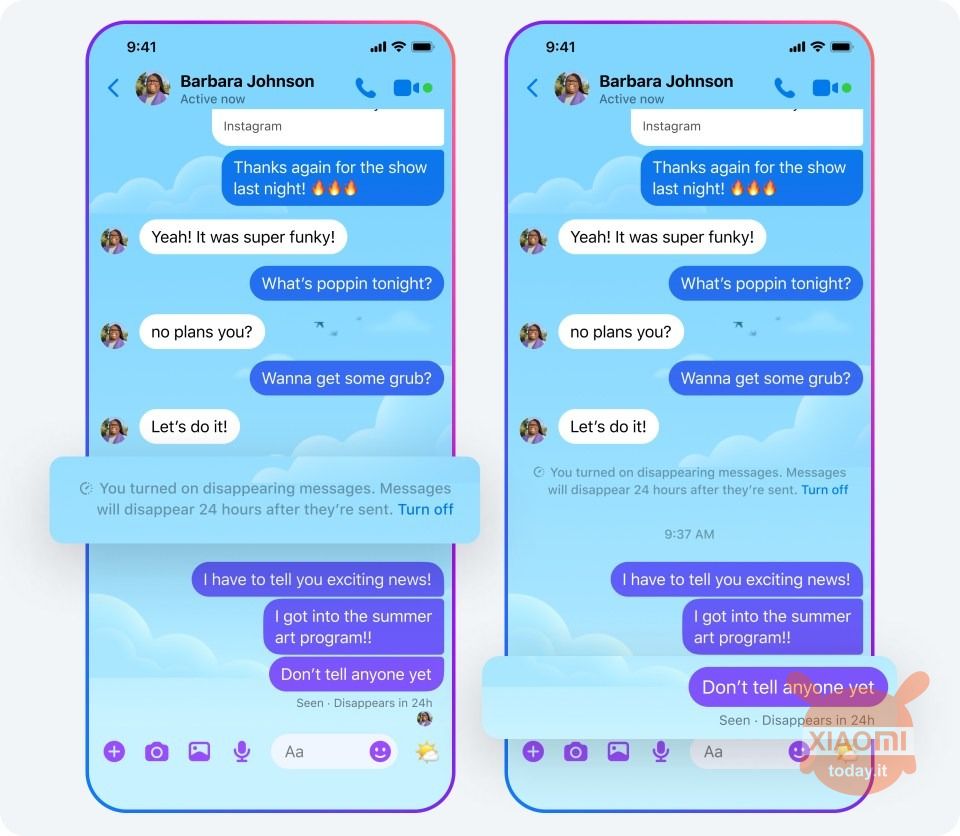 schermata di messenger dove appaiono messaggi effimeri